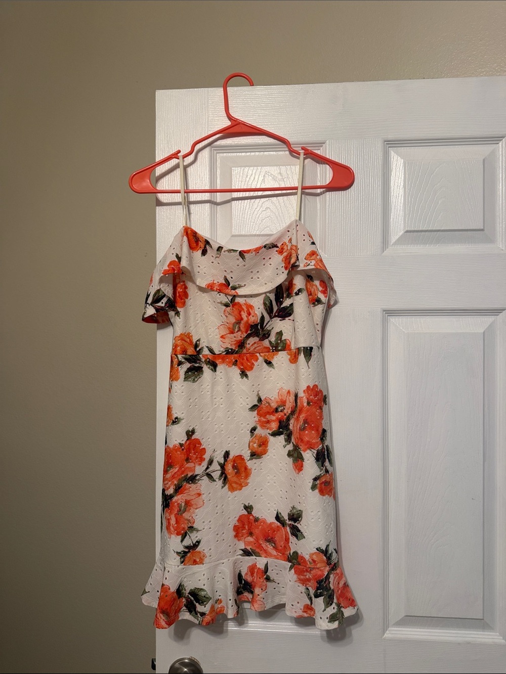 Cream Floral Spagetti Strap Mini Dress with Orange Rose Print